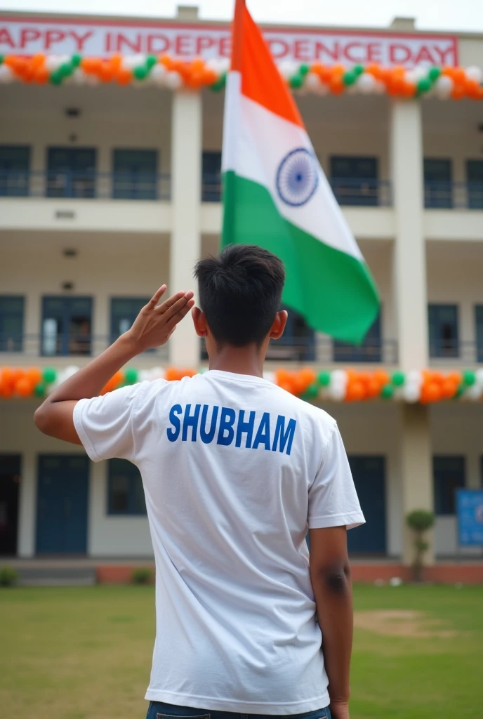 3.A patriotic 18-year-old boy named Arjun stands proudly in front of his school, saluting the Indian tricolor flag. He's wearing a white t- shirt with "SHUBHAM printed on the back in bold blue letters. The school building is decorated with orange, white, and green balloons. A large banner reads "HAPPY INDEPENDENCE DAY" in the background. 4K image.