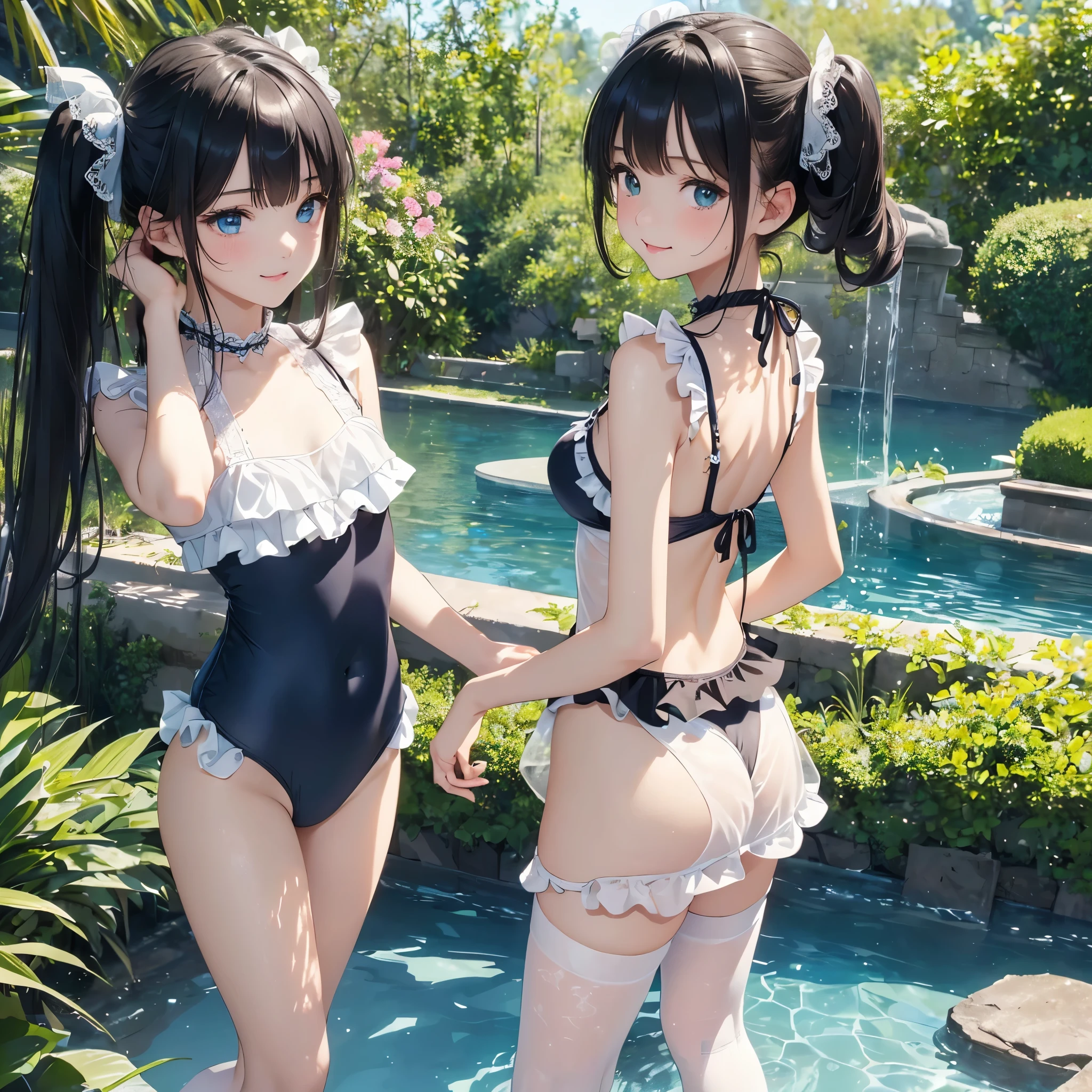 ((masterpiece)), ((highest quality、Ultra high definition)), (Very detailed),8k、Photo quality、((Amazingly cute girl)),-yeld gi), Two people, , (Beautiful emerald blue eyes), ((smile、Small breasts)),In the open-air bath overlooking the sea, Beautifully arranged black hair in twin tails、Slim Body、(((Cute swimsuit with lace and frills)))、Professional Lighting、(White lace knee-highore detailed and beautiful)、(More details and cutenesore realistic)、((Just wear light clothing))、Frolic in the pool、((unbelievably cute))、((A cute pose))、((Front and back view))、