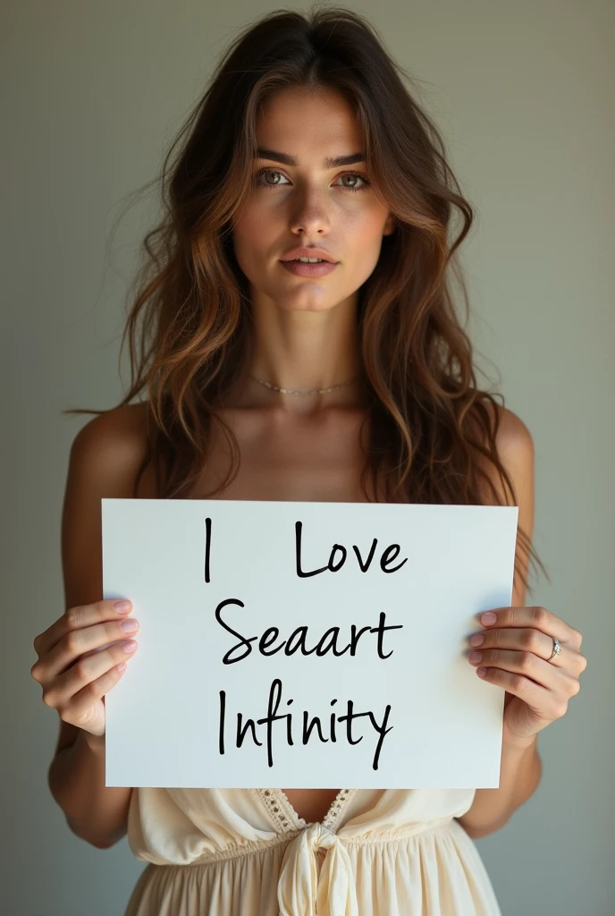 Beautiful girl with wavy long hair, bohemian dress, holding a white board with text "I Love Seaart Infinity" and showing it to the viewer、Completely naked