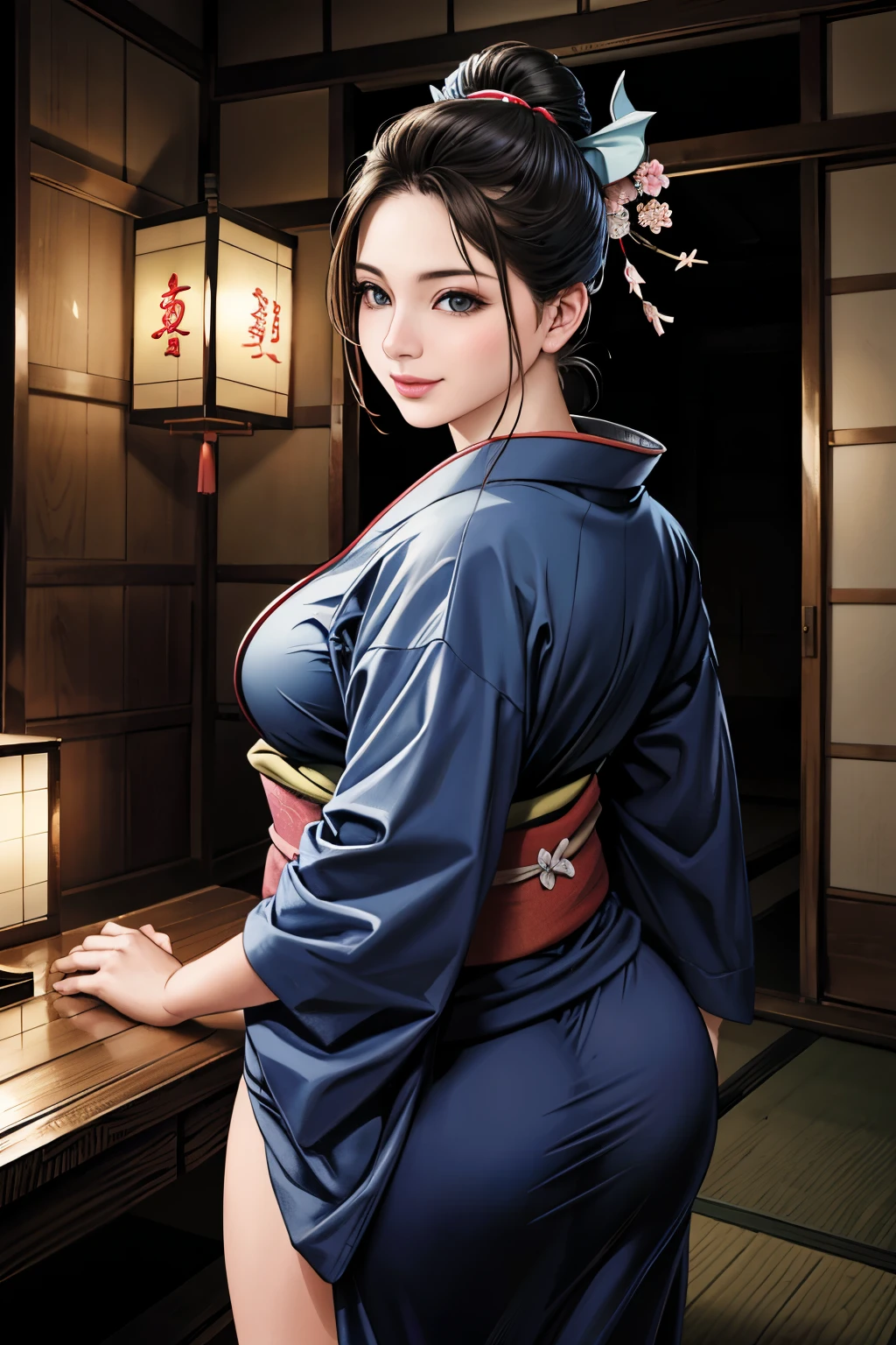 (Browsing Caution), (RAW Photos), (Realistic), (Photorealistic), Ultra-high resolution, masterpiece, Highest quality, Portraiture, facial Portraiture, Perfect lighting, Detailed lighting, Dramatic Shadows, Ray Tracing, Pure Eros Face_v1, Urzan-6500-v1.1, ((gentle smile)), ((cowboy shot:1.2)), ((looking back)), ((wearing a kimono)), ((in old Japanese room)), ((night)),