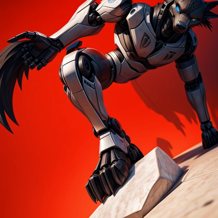 Black Robot Male anthro wolf feet, standing on a white stone, detailed perfect 4k art, high quality 4k art, detailed black wolf robot face, perfect light, perfect shadow,  detailed perfect wolf robot feet with perfect light and shadow, red background