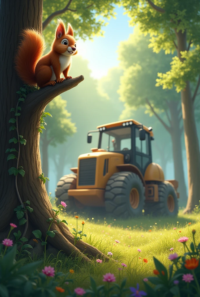 A squirrel with bright eyes and a fluffy tail is in the forest surrounded by trees and flowers. What squirrel sees when standing on top of a tree that an excavator is approaching the forest?