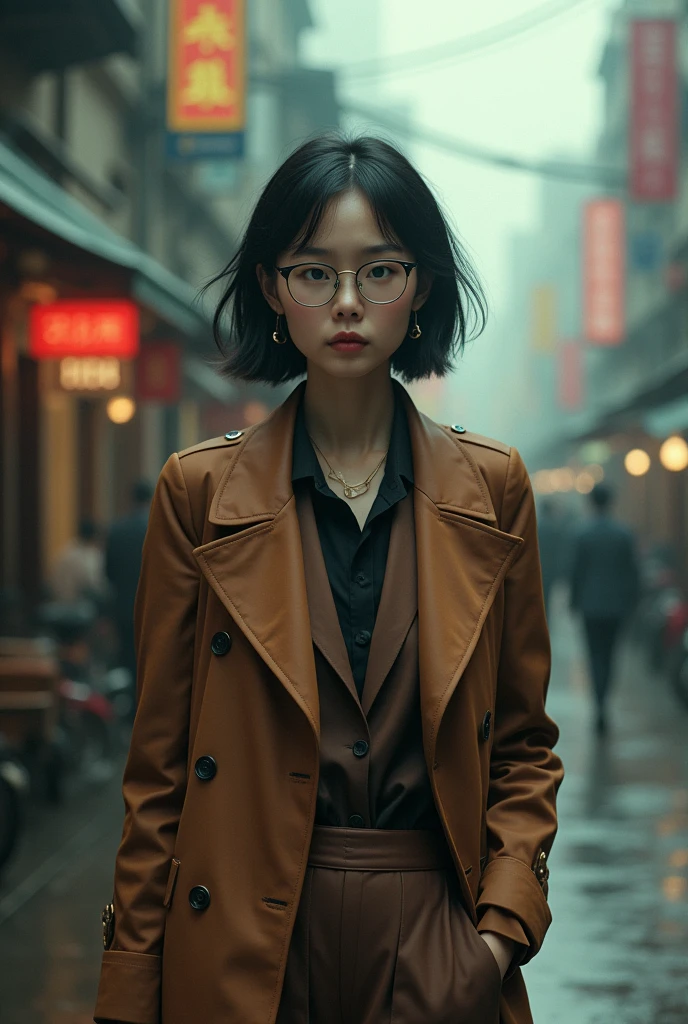 (photorealistic) realistic image of a (Asian woman), (slim build), (short hair), (white skin), (dark eyes), wearing a (brown suit) and (vintage coat), walking in south east asia city with a (serious face), (wearing glasses), capturing a (Kodak color film look), featuring a (grainy texture), surrounded by a picturesque (south east asia city) under dramatic weather, atmospheric, vivid colors, natural lighting, emotionally charged ambiance