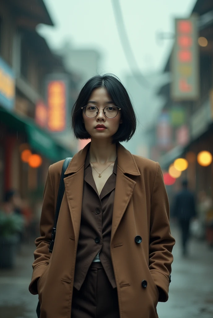 (photorealistic) realistic image of a (Asian woman), (slim build), (short hair), (white skin), (dark eyes), wearing a (brown suit) and (vintage coat), walking in south east asia city with a (serious face), (wearing glasses), capturing a (Kodak color film look), featuring a (grainy texture), surrounded by a picturesque (south east asia city) under dramatic weather, atmospheric, vivid colors, natural lighting, emotionally charged ambiance