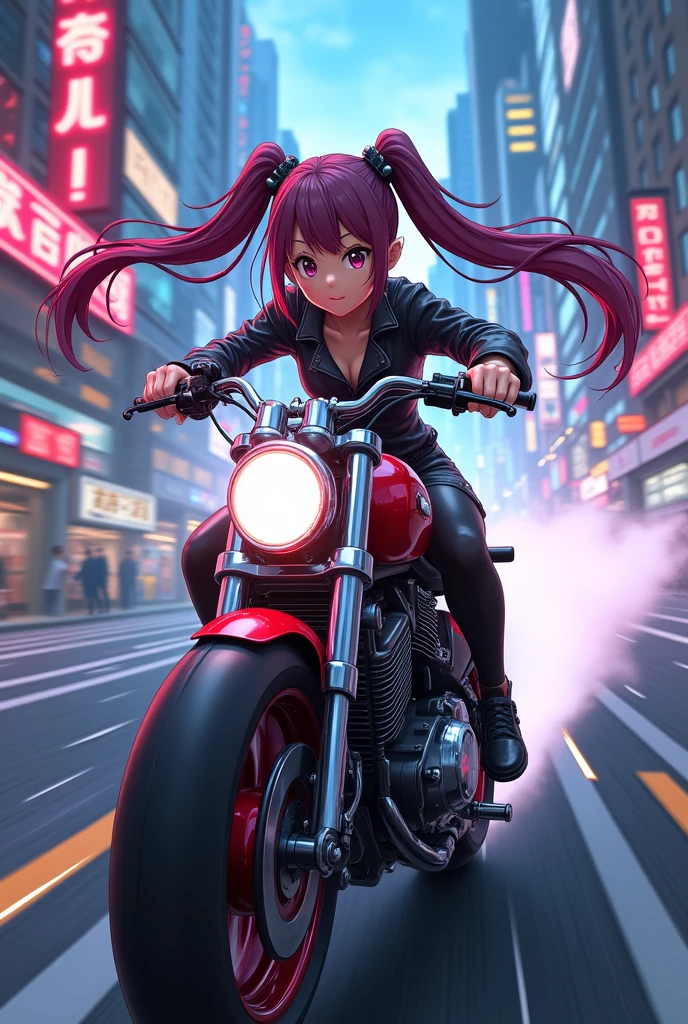 A girl with twin tails riding a motorcycle