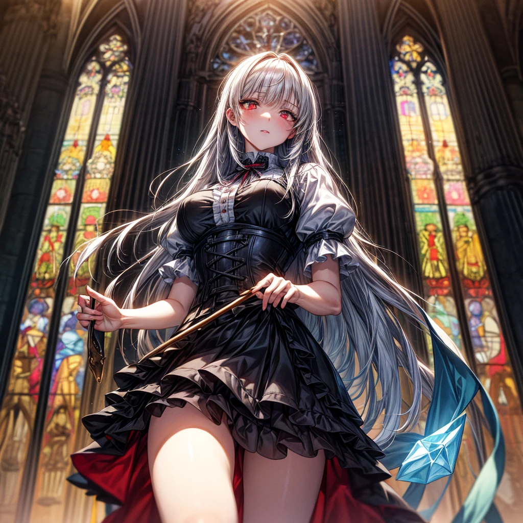 quality,8k,Highly detailed CG unit, masterpiece,High resolution,top-quality, real texture skin,Surreal,Increase the resolution,RAW Photos,最高quality,Very detailed,From below,Cool Beauty,Glamour Women, Cute pose,Gothic ta,A skirt full of frills,Red accent embroidery,long hair shining white, Mysteriously glowing crimson eyes, Queen, world, Crystal Flower,Sparkling stained glass like a kaleidoscope,Majestic cathedral,Layered skirt with details, Detailed embroidery, Very layered ruffles, Detailed Texture,A geometric magic circle above your head,Ornamented silver walking stick,The hidden forbidden sanctuary,