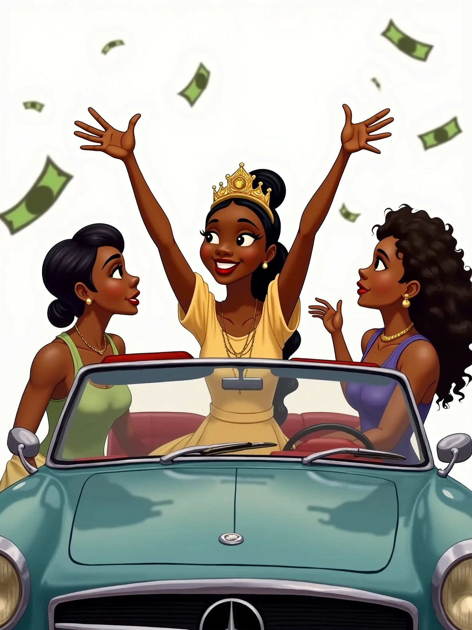 Princess Tiana, wearing casual clothes, in a Mercedes Benz without a roof, with her friends, with some money, throwing her hands in the air, white wallpaper, simple look, regular person, cartoon vision, Disney vision