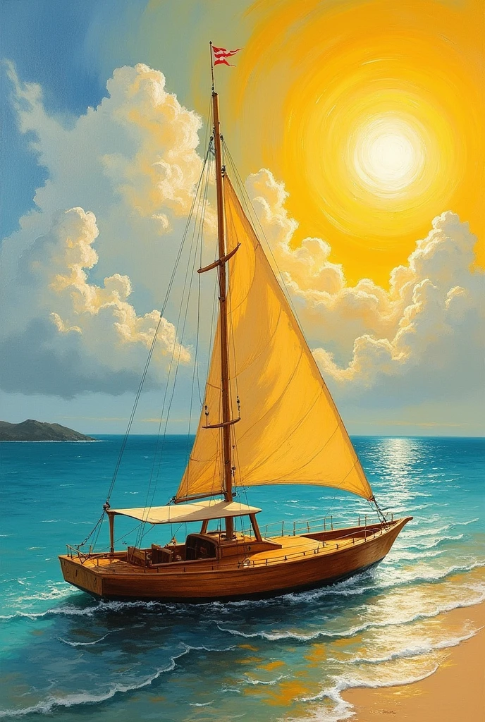 oil painting wooden sailing catamaran floating close to beach sun yellow bright