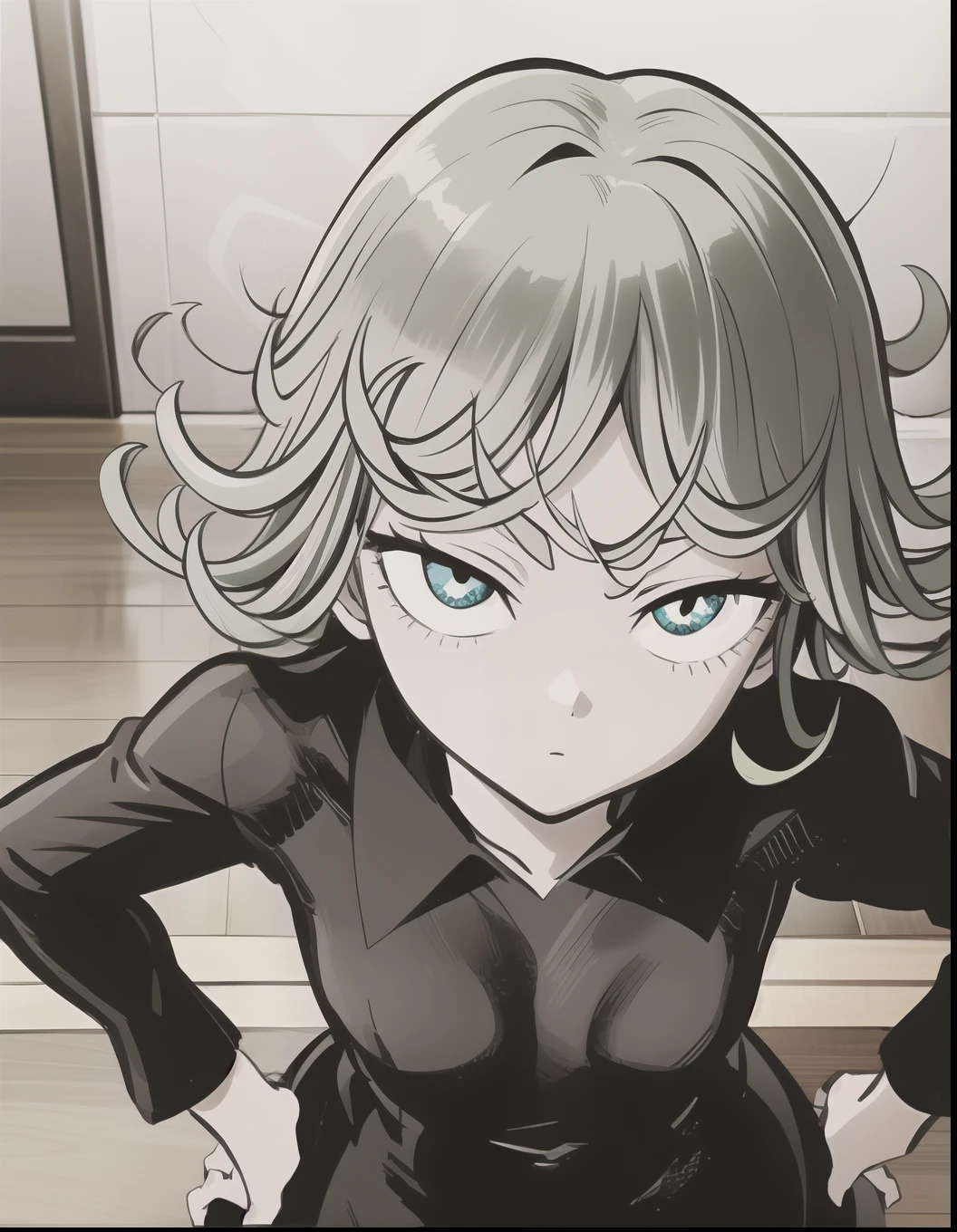 High resolution, Very detailed, Tatsumaki Tornado, Short green hair, Curly Hair, Black Dress, Long sleeve, indoor,moonlight, From above、(Focus on the face)、Place one hand on hip、get closer、Looking into the camera