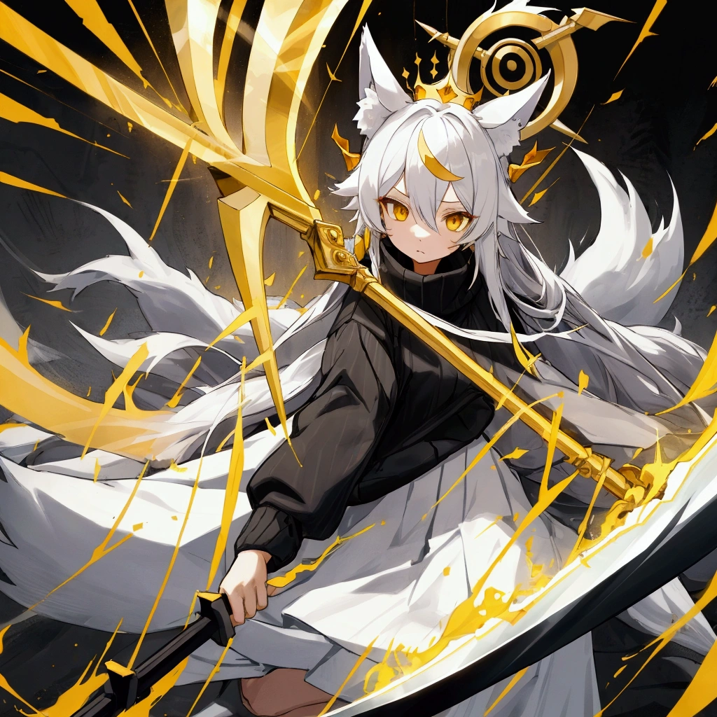 A girl waring black sweater with gray horizontal stripes, caro skirt and have white long hair with a golden crown worn crosswise, have white kitsune ears holding a energy scythe