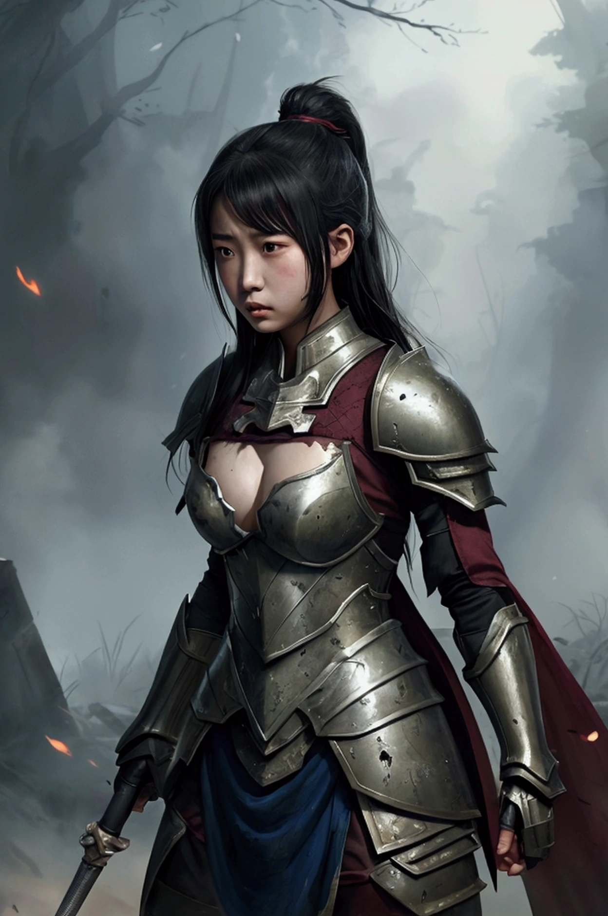 A fantasy illustration of a young Asian girl in battle, looking visibly distressed and struggling. Her armor shows signs of severe damage with slight. She is at the moment of being captured by enemies. broken armor, nipple, embarrased