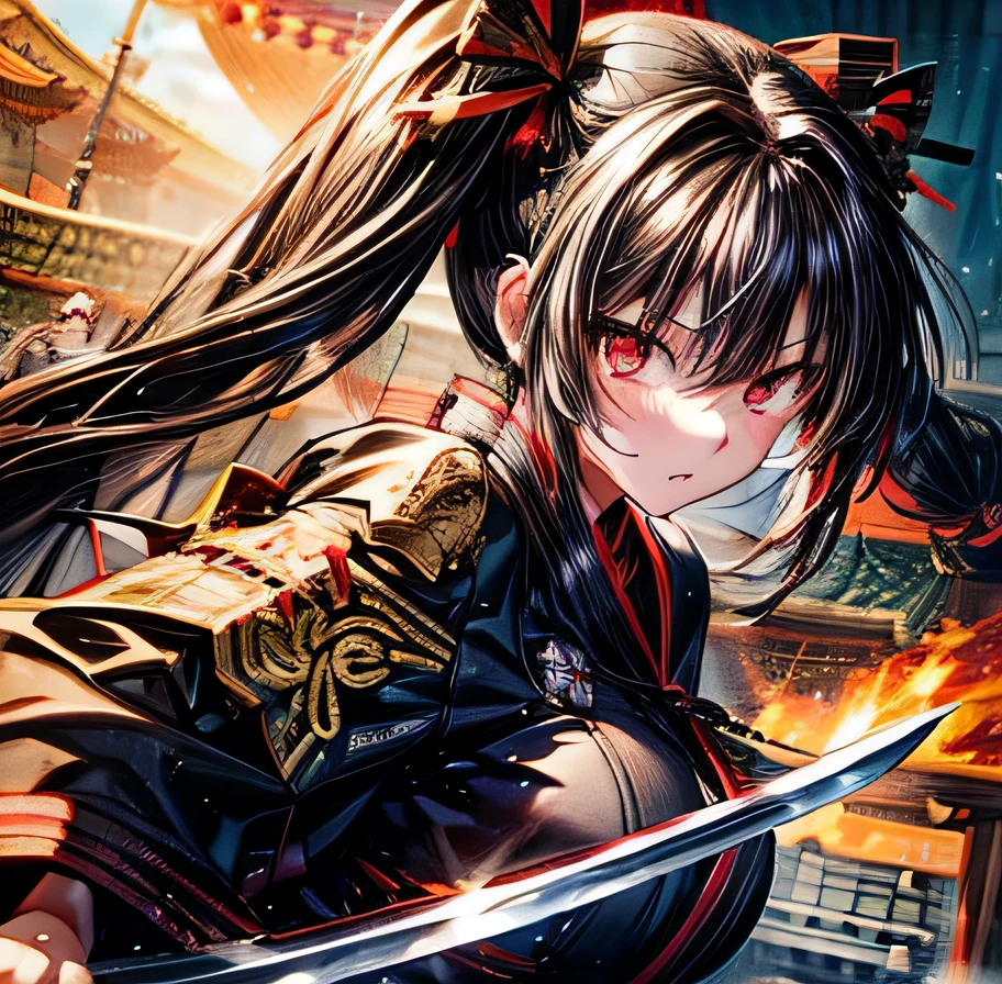 Black Hair　Twin tails　Yagyu Shinkage-ryu Sword Master&#39;s License　Presence　Fit　　Tosei Gusoku　armor　Japanese sword　Beauty　swordsmanship　　Yan Fei&#39;s Sword　Nine Swords　One Yen Stance　Swordless Capture　front　Surrounded by Enemy Samurai
