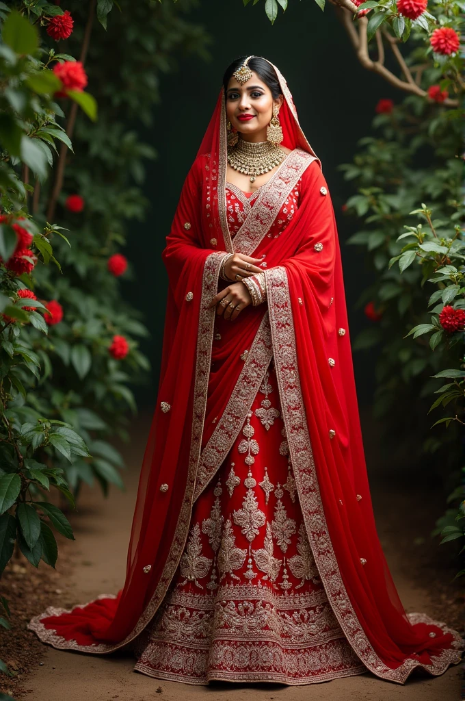 Red bridal saree with pearls and flowers