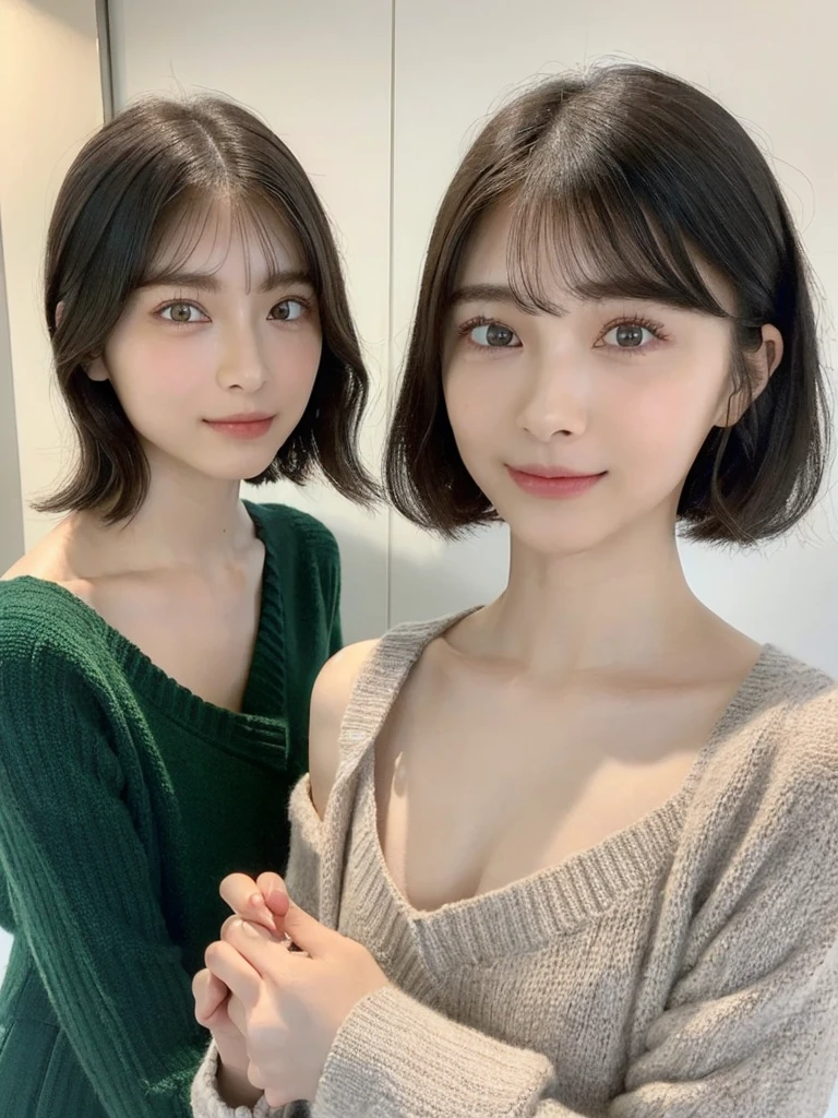 (masterpiece:1.3), (8k, Photoreal, Raw photo, best image quality: 1.4), Japanese high school girl、(random hairstyle:1.2)、cleavage:1.5、super detail face、eye for details、double eyelid、chest to chest、sharp focus:1.2、Beautiful woman:1.4、light brown hair、highest quality、masterpiece、超A high resolution、(Photoreal:1.4)、Highly detailed and professionally lit smiles、loose and light knitwear、shoulder out、thin、serious expression、short haired、deadly position
similar identical twins
All the girls have the exact same face, The two have the same face and figure, as if they were mirror images.