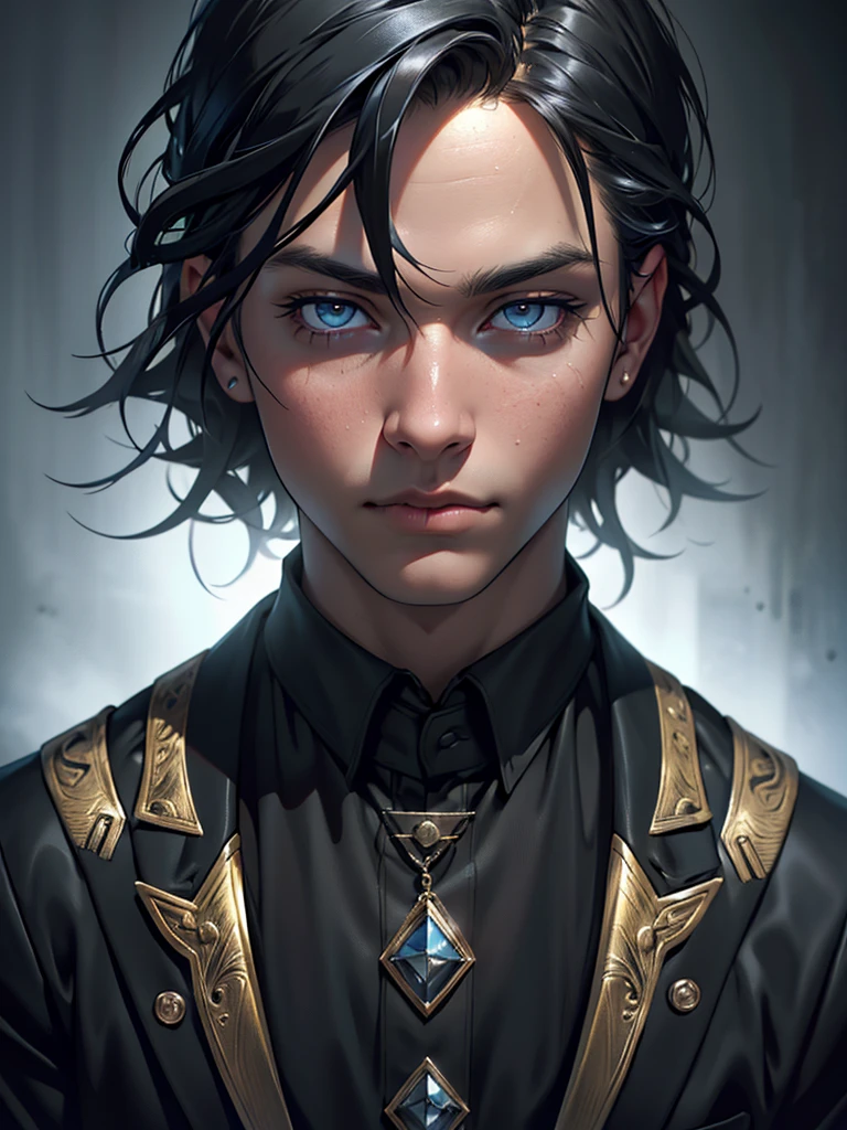 a boy standing in black gentlemanly suit, extremely detailed face, beautiful golden detailed eyes, beautiful detailed lips, detailed facial features, gray fog background, dark atmosphere, abomination, 11 year old human ???, (best quality,4k,8k,highres,masterpiece:1.2),ultra-detailed,(realistic,photorealistic,photo-realistic:1.37),surreal,dark fantasy,moody lighting,cinematic,dramatic lighting