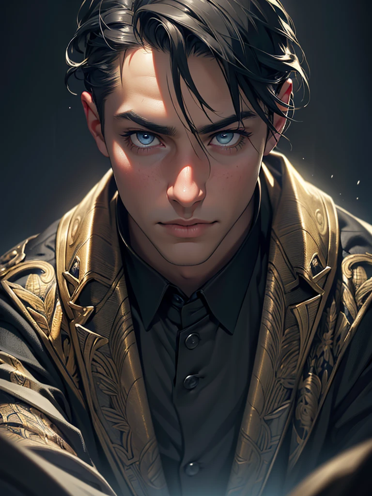 a boy standing in black gentlemanly suit, extremely detailed face, beautiful golden detailed eyes, beautiful detailed lips, detailed facial features, gray fog background, dark atmosphere, abomination, 11 year old human kid, (best quality,4k,8k,highres,masterpiece:1.2),ultra-detailed,(realistic,photorealistic,photo-realistic:1.37),surreal,dark fantasy,moody lighting,cinematic,dramatic lighting
