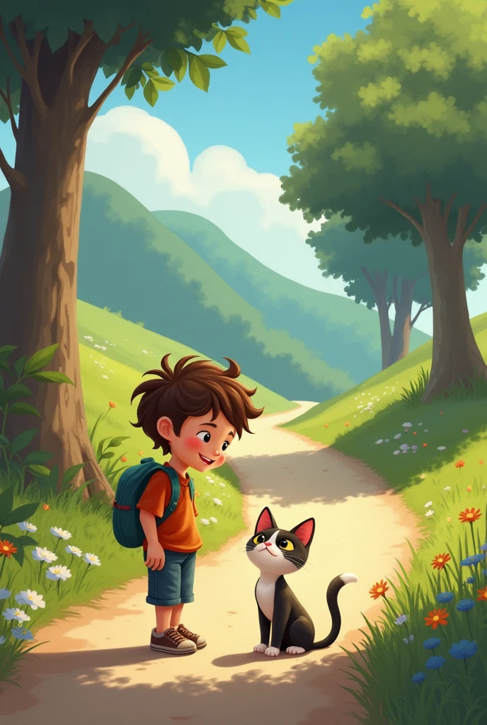 A cat with a boy in the road