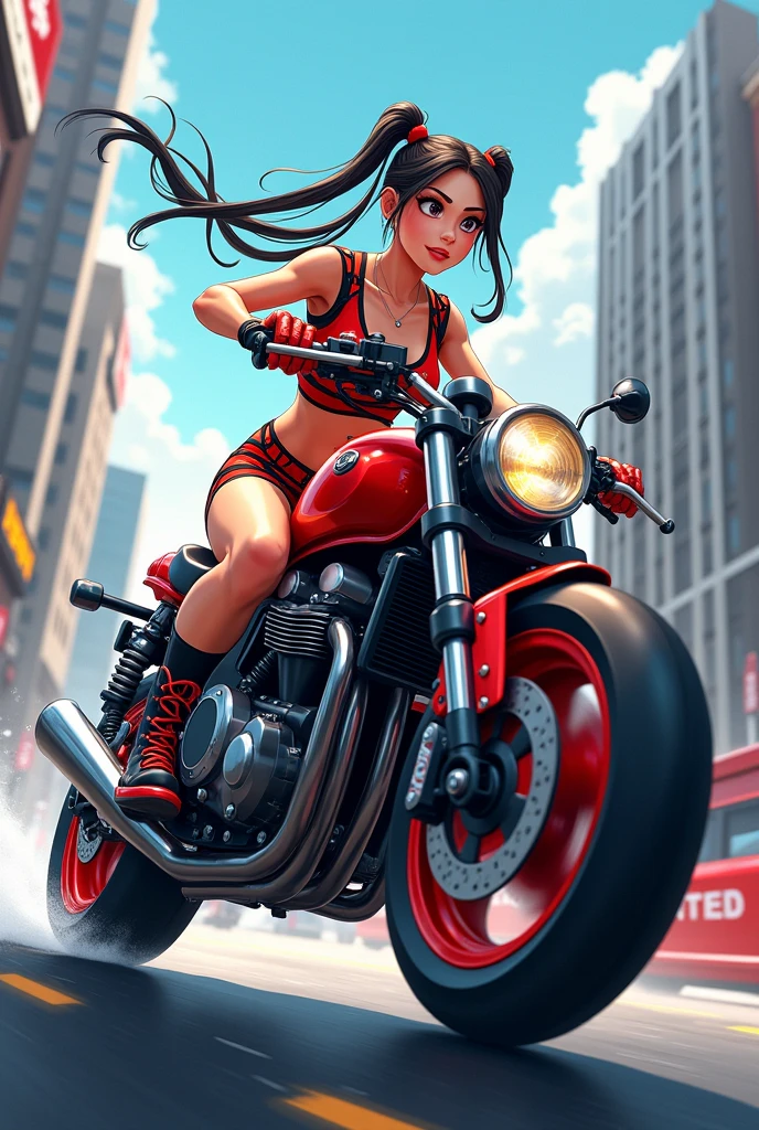 A girl with twin tails in a short dress riding a motorcycle