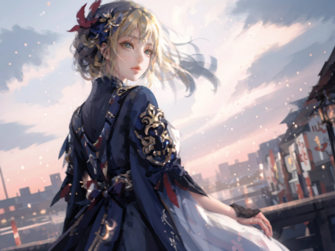 ((masterpiece,best quality)),1girl,solo, (((Chisato Nishikigi))), short hair, light yellow hair, solo, dress, detail eyes, looking at viewer, long sleeves, standing, white dress, gloves,hair ornament, black jacket, smile, floating hair, dutch angle, closed mouth, looking away, (center park),cloudy sky, blue sky, warm color,