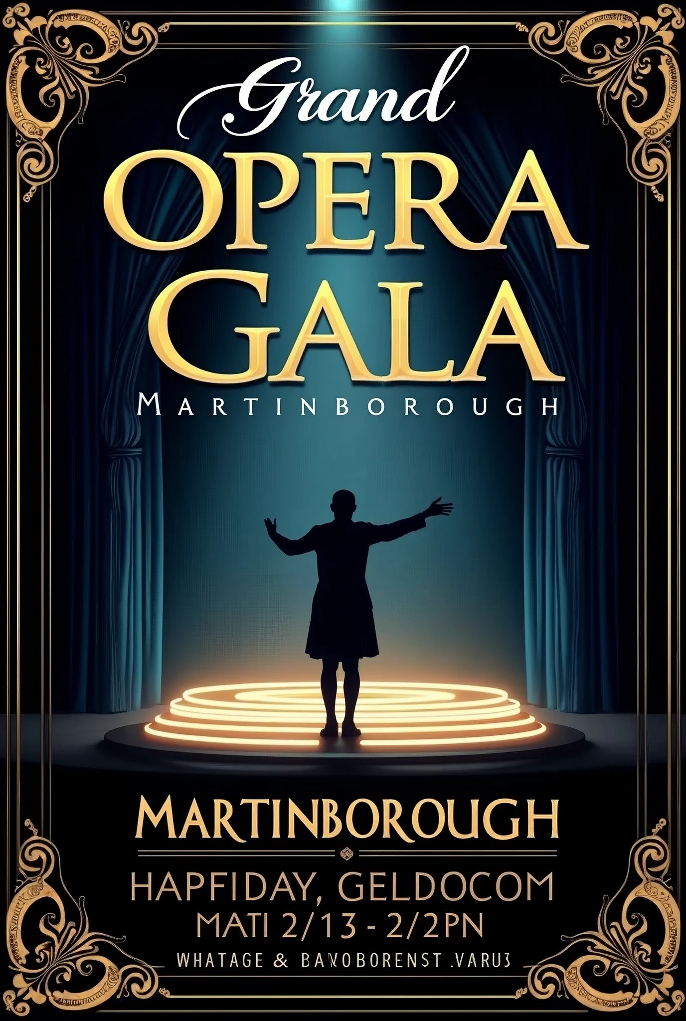 A luxurious and elegant poster design for an "Grand Opera Gala" in Martinborough. The title "Opera Gala" is written in a classic serif font in gold, with "Martinborough" below it in a complementary serif font. The background features a deep midnight blue with subtle gradients and a faint overlay of musical notes. A central silhouette of an opera singer in a classic pose stands on an ornate opera house stage with glowing lights. The design includes date, time, and venue details in sophisticated typography. Subtle gold accents frame the design, exuding an atmosphere of grandeur and luxury. Vintage, Art Deco, classical elegance, cinematic lighting, high contrast, intricate details --ar