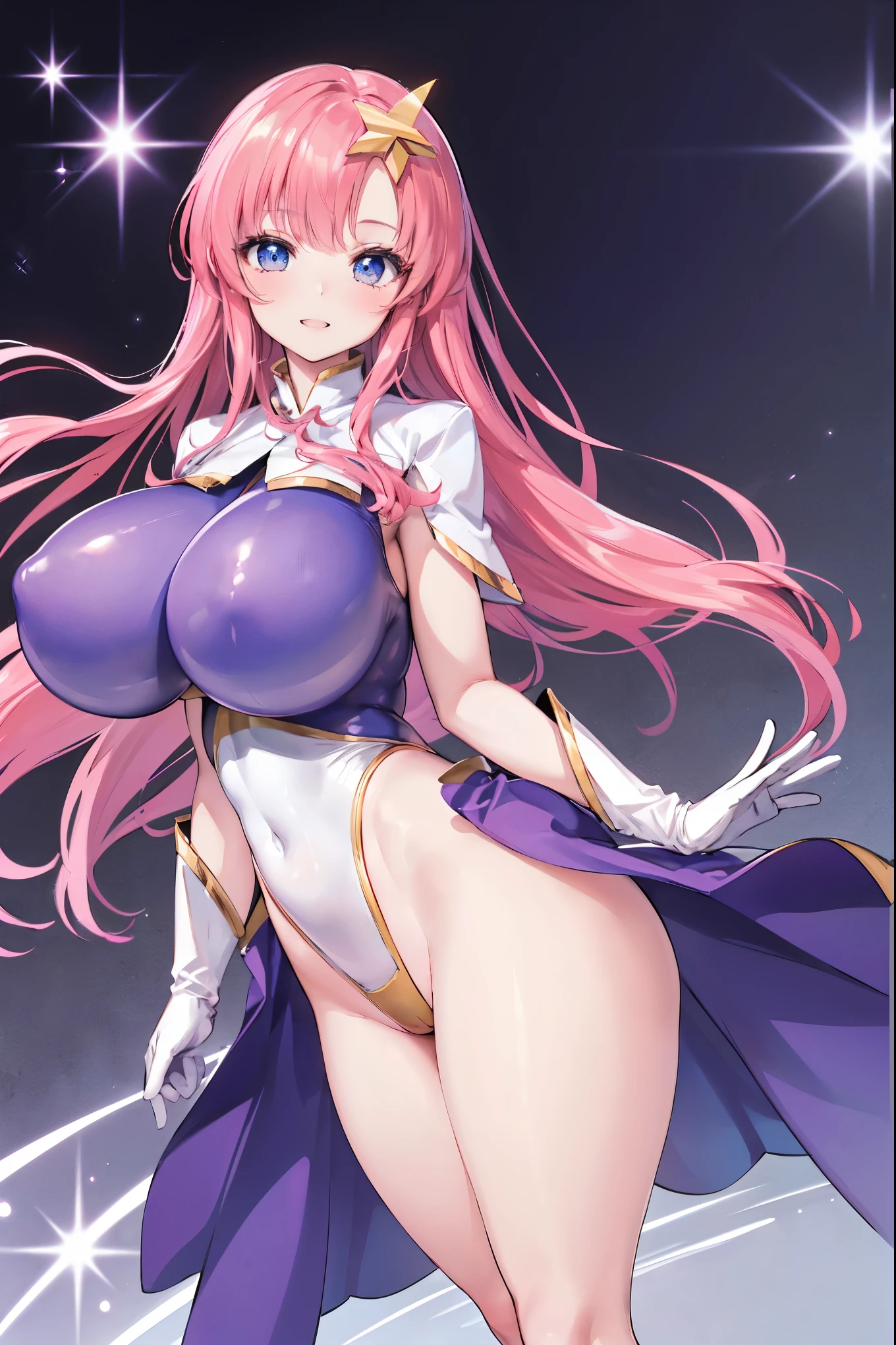 (masterpiece)、(Highest image quality)、(Super detailed)、(extremely detailed)、4K、(8K)、Highest image quality、(beautiful)、
more campbell, 1 _girl, star hair ornaments, hair ornaments, pink hair, long hair, gloves, Leotard Purple leotard, white leotard, leotard that bites、(gigantic_tits:1.2)、thick thighs、,light smile、dynamic pose、gravure、dynamic angle、noise removal、emphasis on crotch、chest enhancement,open_legs