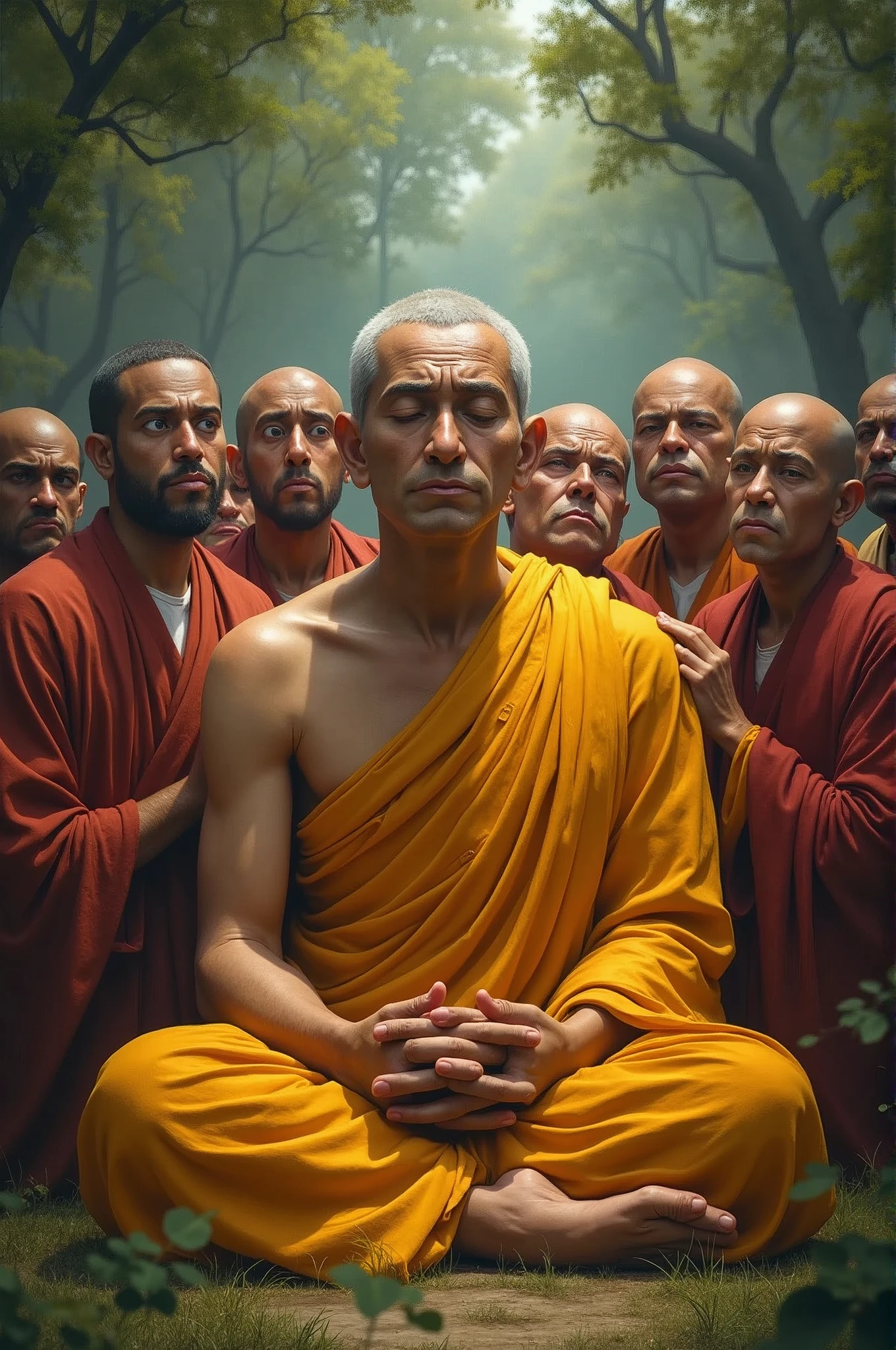 Disciples looking worried and asking Buddha** – Disciples with concerned expressions, questioning Buddha.
