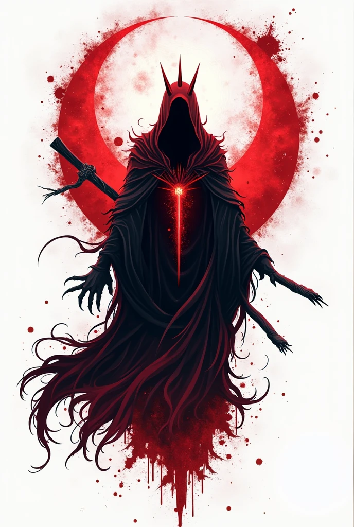 Vector art design for sticker of: floating Reaper ，scyscraper, the great crown of the king of the dark abyss, king of angmar from lord of the rings, cursed of death image, bloody red Taoist robes，cultivating immortal，white background