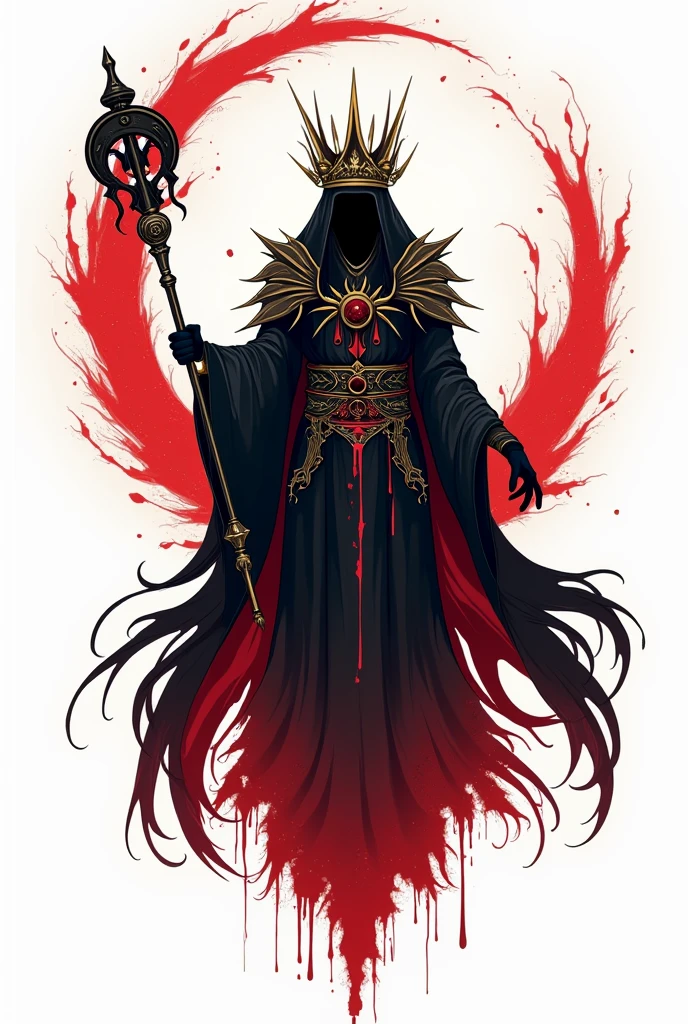 Vector art design for sticker of: floating Reaper ,scyscraper, the great crown of the king of the dark abyss, king of angmar from lord of the rings, cursed of death image, bloody red Taoist robes,cultivating immortal,white background