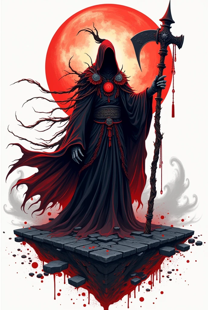 Vector art design for sticker of: floating Reaper ，scyscraper, the great crown of the king of the dark abyss, king of angmar from lord of the rings, cursed of death image, bloody red Taoist robes，cultivating immortal，white background