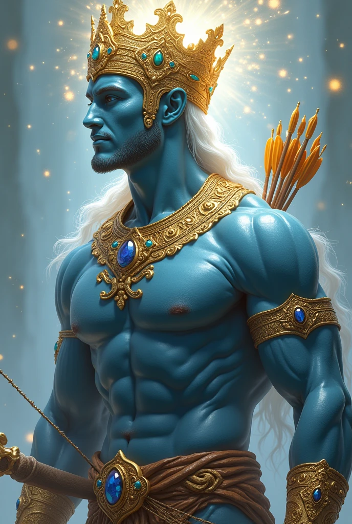 A man with blue colored skin having a strong muscular body, he have a calm pleasant face. Tha face is always smiled and with a positive look. He wears gold ornaments, and wears a crown of gold, diamonds, rubies, and different color gems. He has a bow in his left hand and a case for holding arrows in his back.