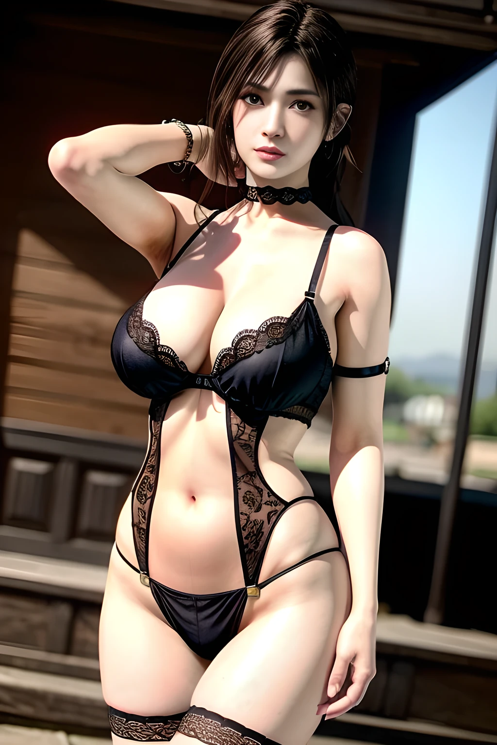 1 girl, wore a revealing outfit consisting of white lace lingerie with black "VENUS" branded straps. She also wore a black sheer gown with a decorative pattern on it and various straps and accessories around her thighs and arms. She also wore a black choker.t, (best quality,8k,highres,masterpiece:1.2),ultra-detailed,(realistic,photorealistic,photo-realistic:1.37),studio lighting,ultra-fine painting,sharp focus,physically-based rendering,extreme detail description,professional,vivid colors,,huge breasts,Sayuri