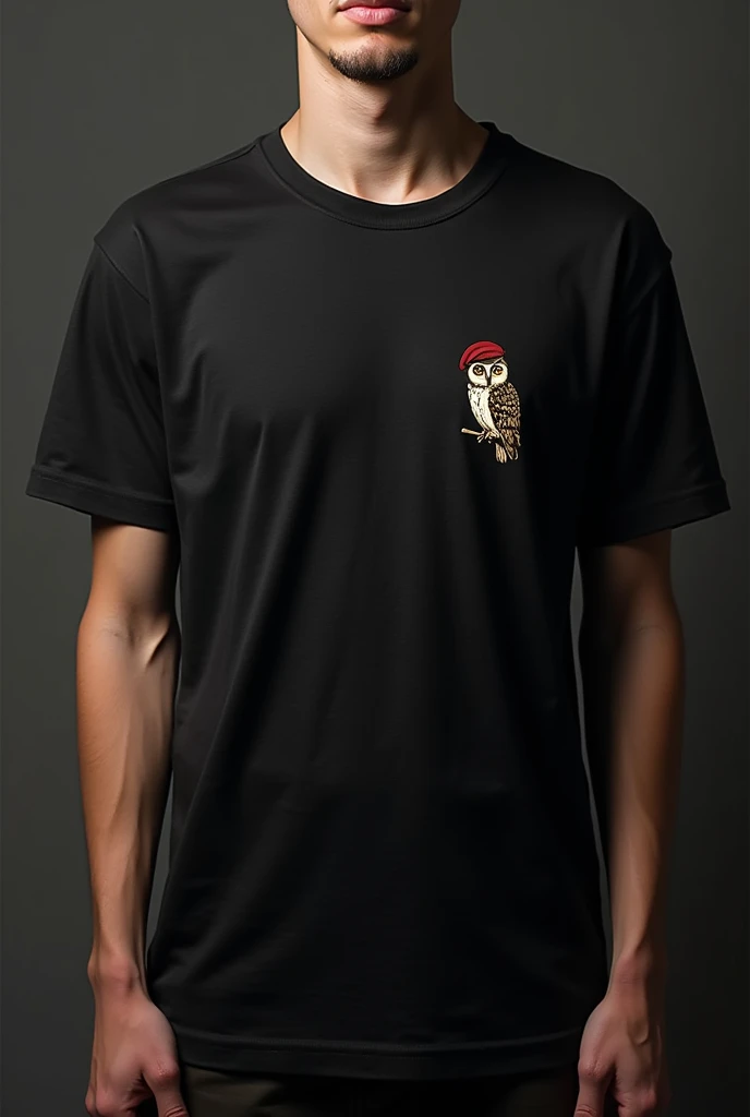 unisex black shirt, with the symbol on the front very small on the left side of an owl wearing a military beret
