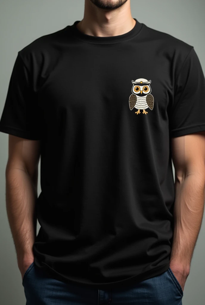 unisex black shirt, with the symbol on the front very small on the left side of an owl wearing a military beret