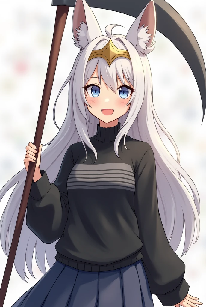 A girl waring black sweater with gray horizontal stripes, caro skirt and have white long hair with a golden crown worn crosswise, have white kitsune ears holding a energy scythe