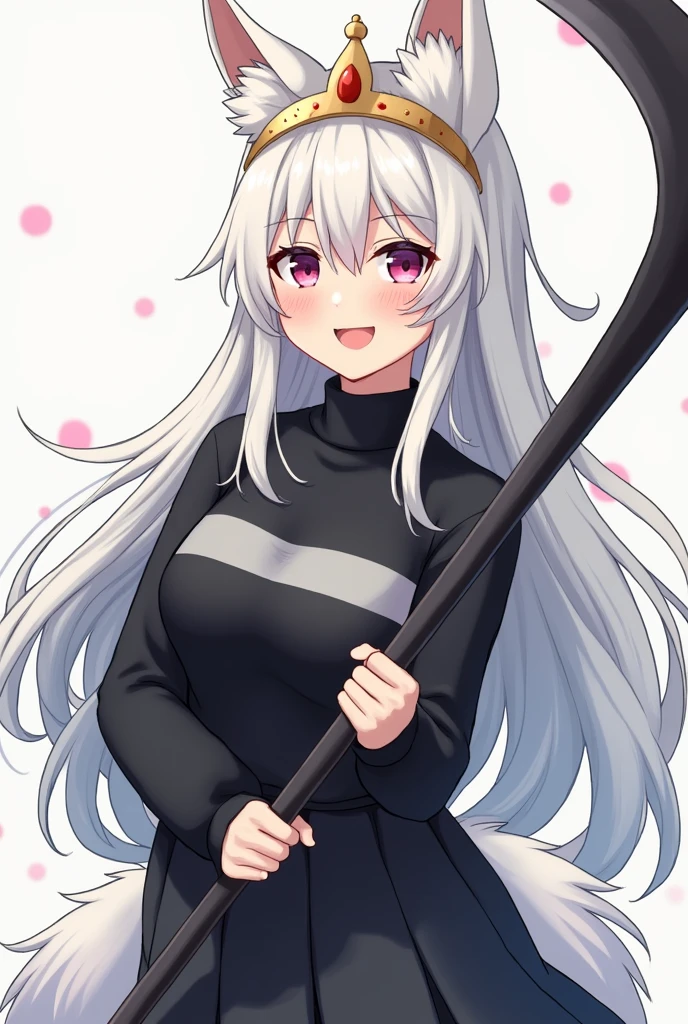 A girl waring black sweater with gray horizontal stripes, caro skirt and have white long hair with a golden crown worn crosswise, have white kitsune ears holding a energy scythe