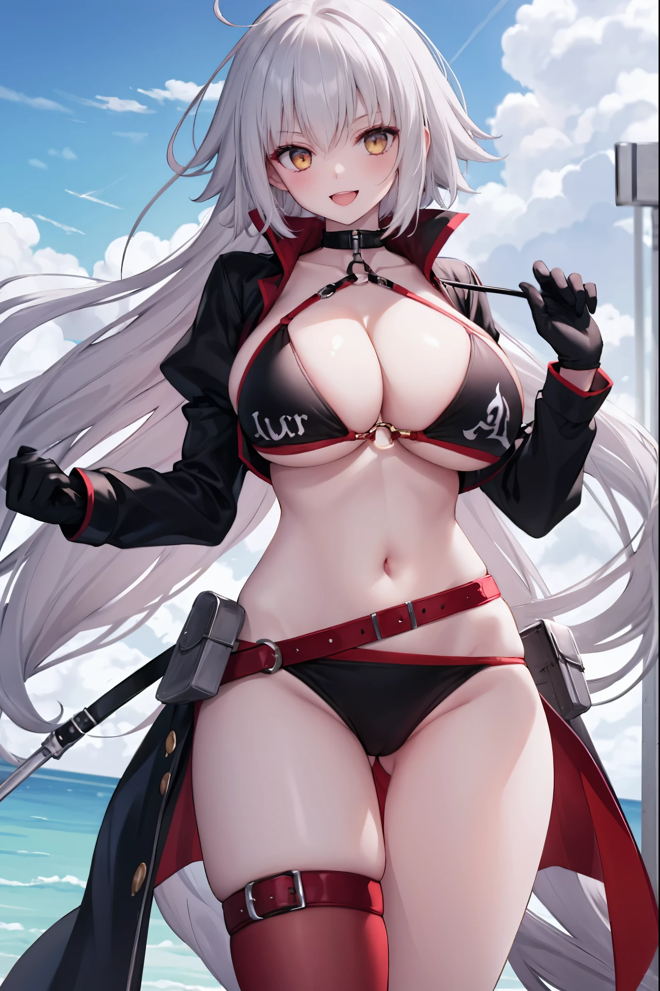 masterpiece, best quality, 1girl, , silver hair, ahoge, gold eyes, shaggy_long_hair,, gigantic_breasts, , blue sky_beach_landscape,covered_groin,covered_nipples,solo,young_,,open_legs,,crotch_armor,cowboy_shot,crotch, asymmetrical legwear, long hair, bikini, black bikini, black gloves, gloves, long sleeves, navel, o-ring, o-ring bikini, o-ring bottom, o-ring top, puffy long sleeves, puffy sleeves, red legwear, single thighhigh, swimsuit, thigh strap, thighhighs, uneven legwear,smile,nihil,open_mouth,angry,glare,dynamic_standing,jeanne D'arc alter,