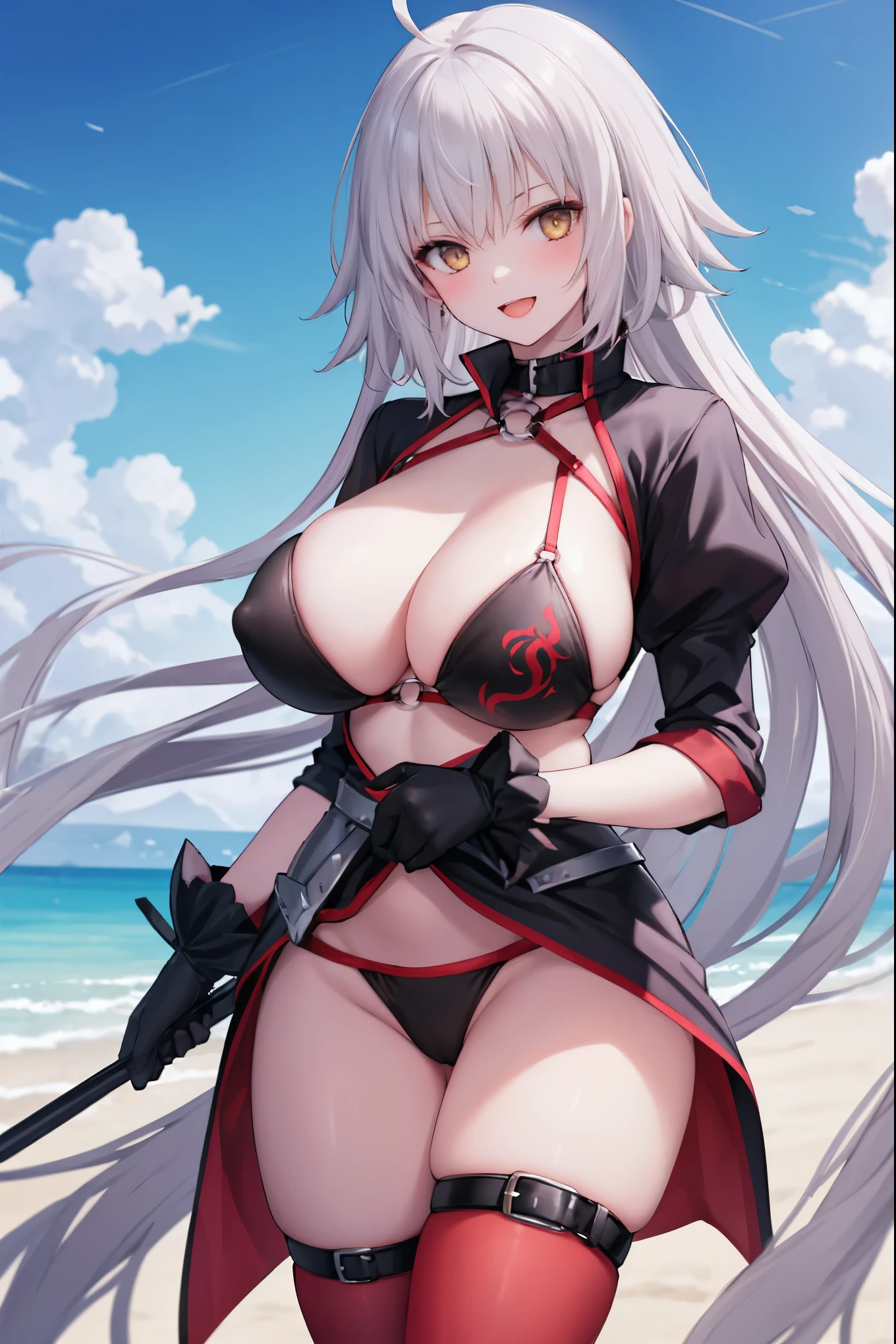 masterpiece, best quality, 1girl, , silver hair, ahoge, gold eyes, shaggy_long_hair,, gigantic_breasts, , blue sky_beach_landscape,covered_groin,covered_nipples,solo,young_,,open_legs,,crotch_armor,cowboy_shot,crotch, asymmetrical legwear, long hair, bikini, black bikini, black gloves, gloves, long sleeves, navel, o-ring, o-ring bikini, o-ring bottom, o-ring top, puffy long sleeves, puffy sleeves, red legwear, single thighhigh, swimsuit, thigh strap, thighhighs, uneven legwear,smile,nihil,open_mouth,angry,glare,dynamic_standing,jeanne D'arc alter,