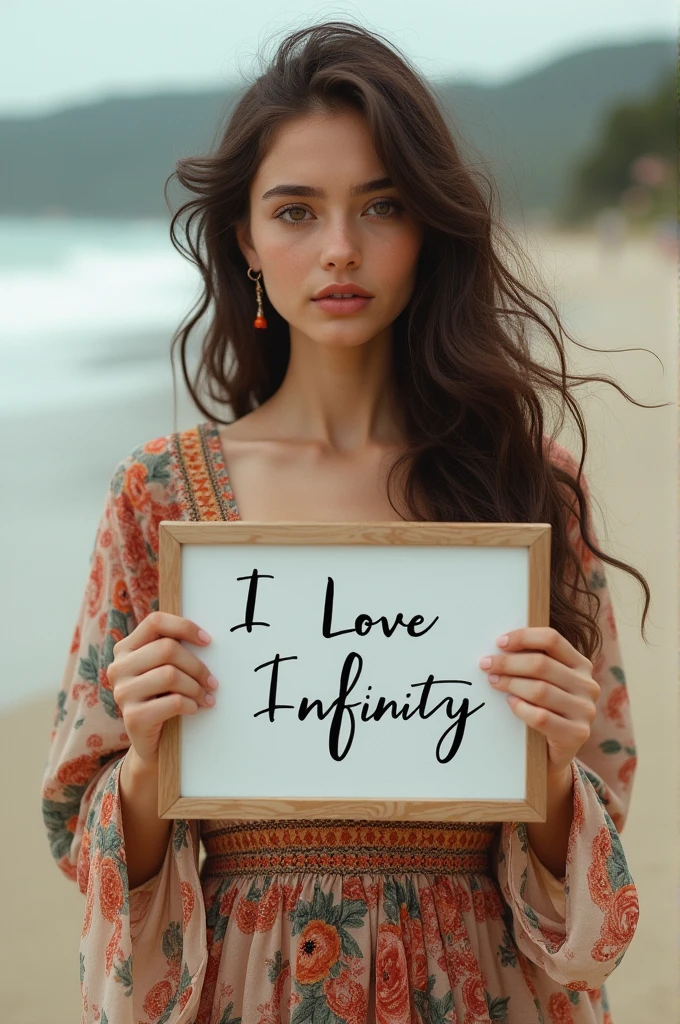 Beautiful girl with wavy long hair, bohemian dress, holding a white board with text "I Love Seaart Infinity" and showing it to the viewer