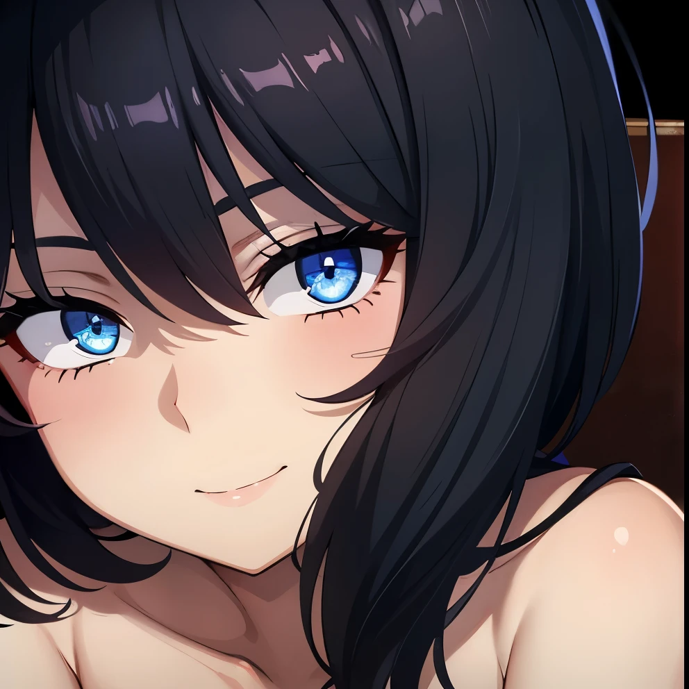 masterpiece, best quality 1girl, solo, beautiful woman, bangs, black hair, long hair, him cut, dark blue eyes, dark eye bags, deep blush, grin, medium breasts, naked,  looking at viewer, bedroom background