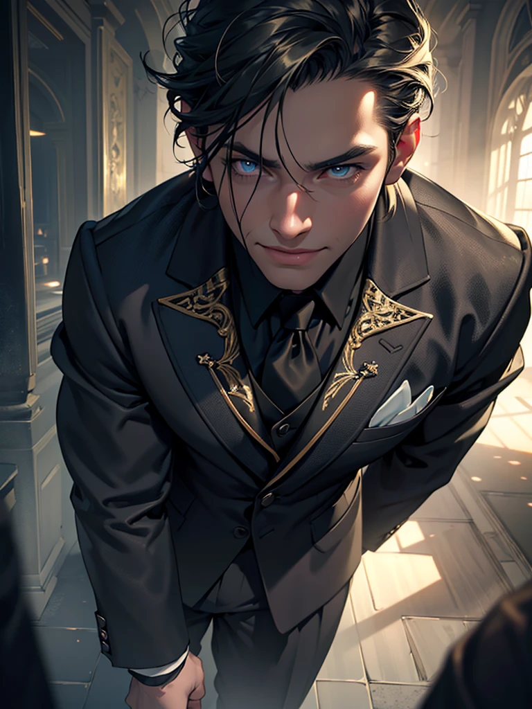 a boy standing in black gentlemanly suit, extremely detailed face, beautiful golden colored detailed eyes, beautiful detailed lips, detailed facial features, gray fog background, dark atmosphere, abomination, 11 year old human ???, (best quality,4k,8k,highres,masterpiece:1.2),ultra-detailed,(realistic,photorealistic,photo-realistic:1.37),surreal,dark fantasy,moody lighting,cinematic,dramatic lighting, evil looking smile 