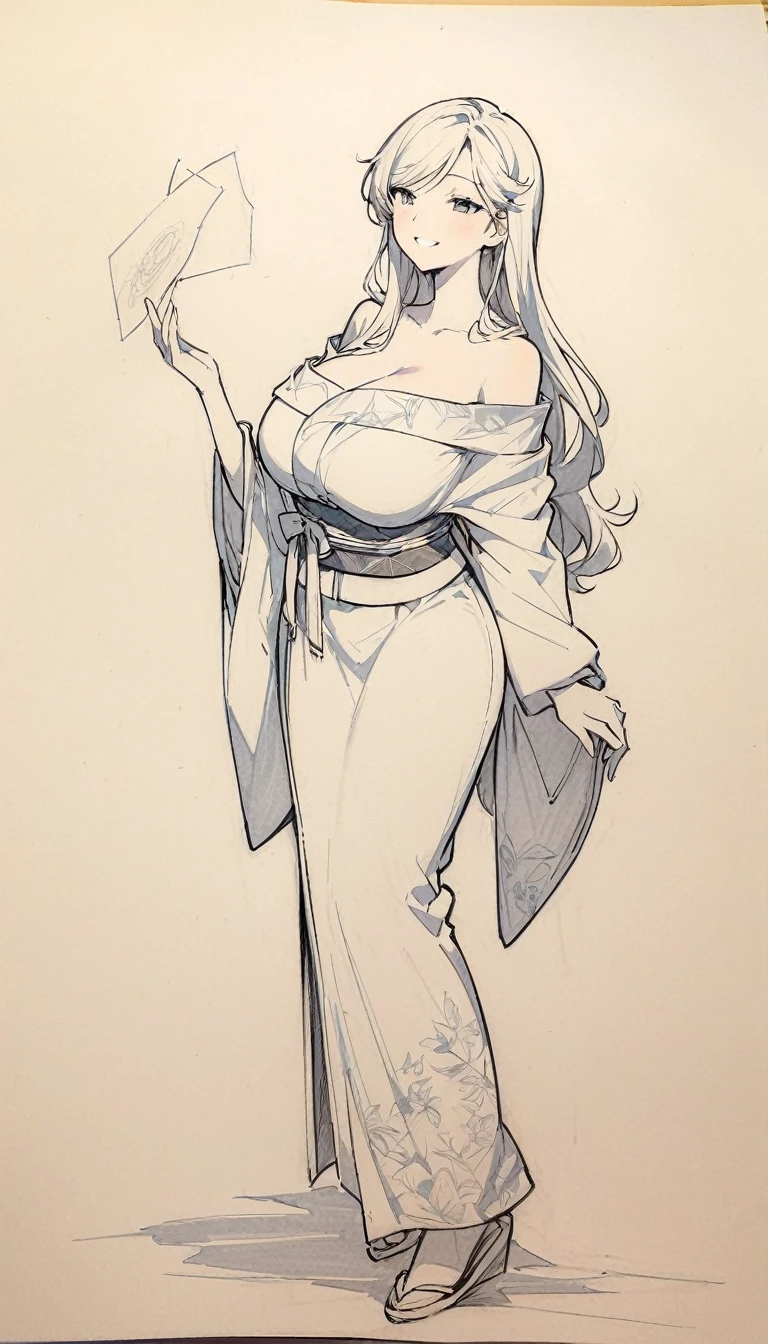 1 ,Line drawing,monochrome,（sketch:1.5、pattern、pencil drawing:1.5、board:1.5）,board，traditional media, whole body,look up,Cold Background ,(Wear an off-the-shoulder kimono） ,Smile，Long hair，Clothing Model，Large Breasts