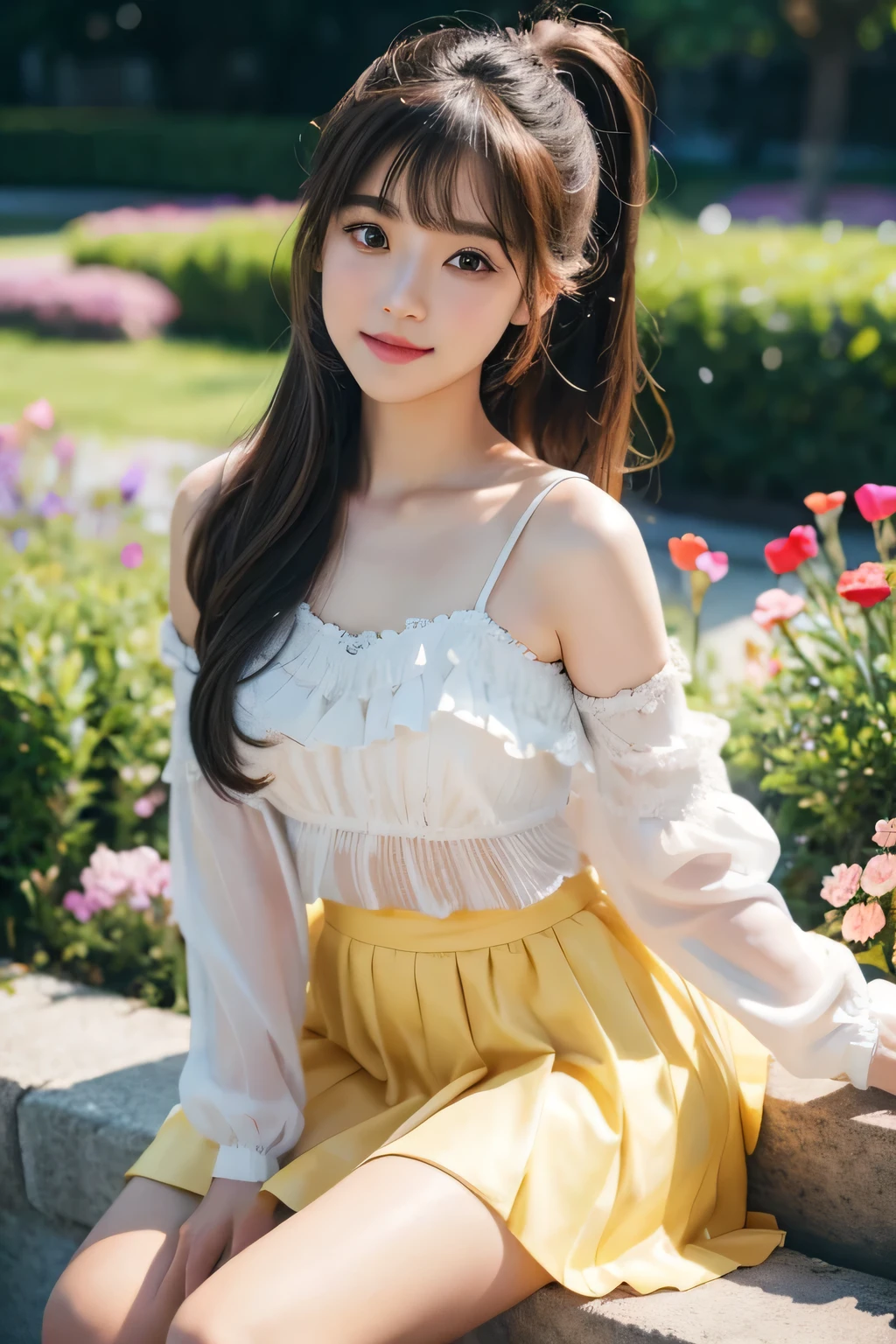 Smile、night、original photography、(((ultimate beauty portrait)))、((sparkling skin))、1 girl、Beautiful  girl from Prague、Bright expression、((brown hair))、(light yellow clothes),(B cup no)、(frilly skirt:1.3)、((Big eyes sparkling like gems))、skin glowing、(Medium long hair)、(silk ponytail)、Eyeliner、Beautiful bangs、Hair between the eyes、((masterpiece、top quality、Sea of Flowers, Super detailed, intricate details、High resolution、Very detailed))、Background、8k、high quality、Fuji XT3 、See deeply、natural soft light、