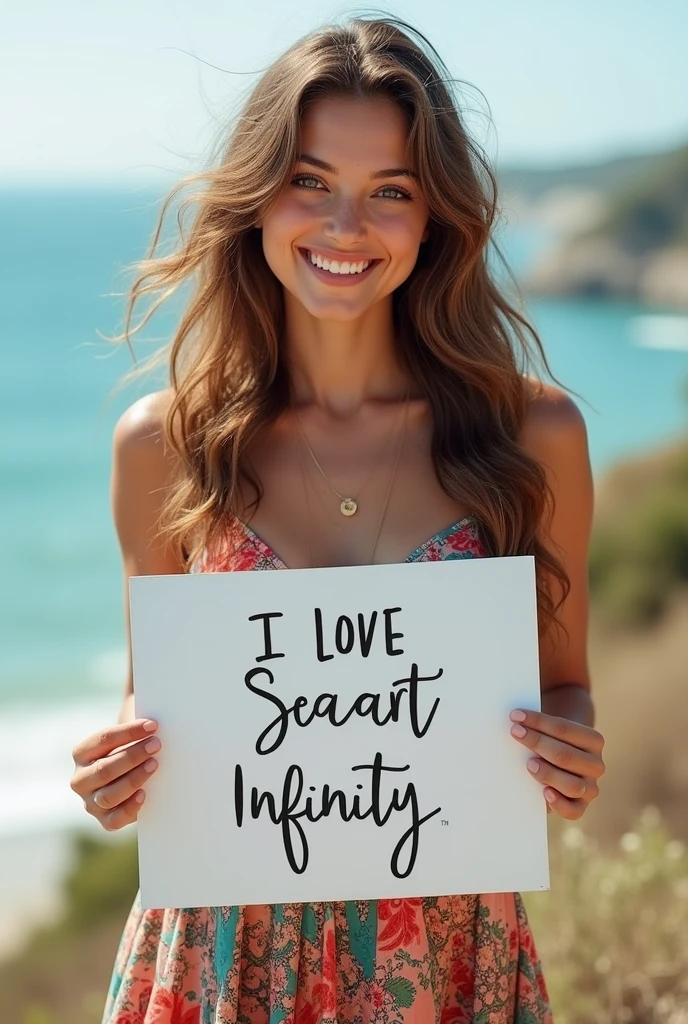 Beautiful girl with wavy long hair, bohemian dress, holding a white board with text "I Love Seaart Infinity" and showing it to the viewer