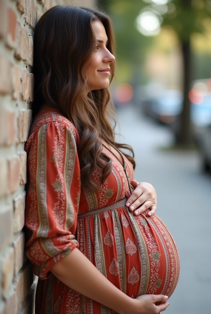 hyperpreg, Beautiful girl with wavy long hair, bohemian dress,heavily pregnant with multibles, leans against a wall on the sidewalk, she has a incredible huge belly, nine month pregnant, her belly looks like 20 month pregnant