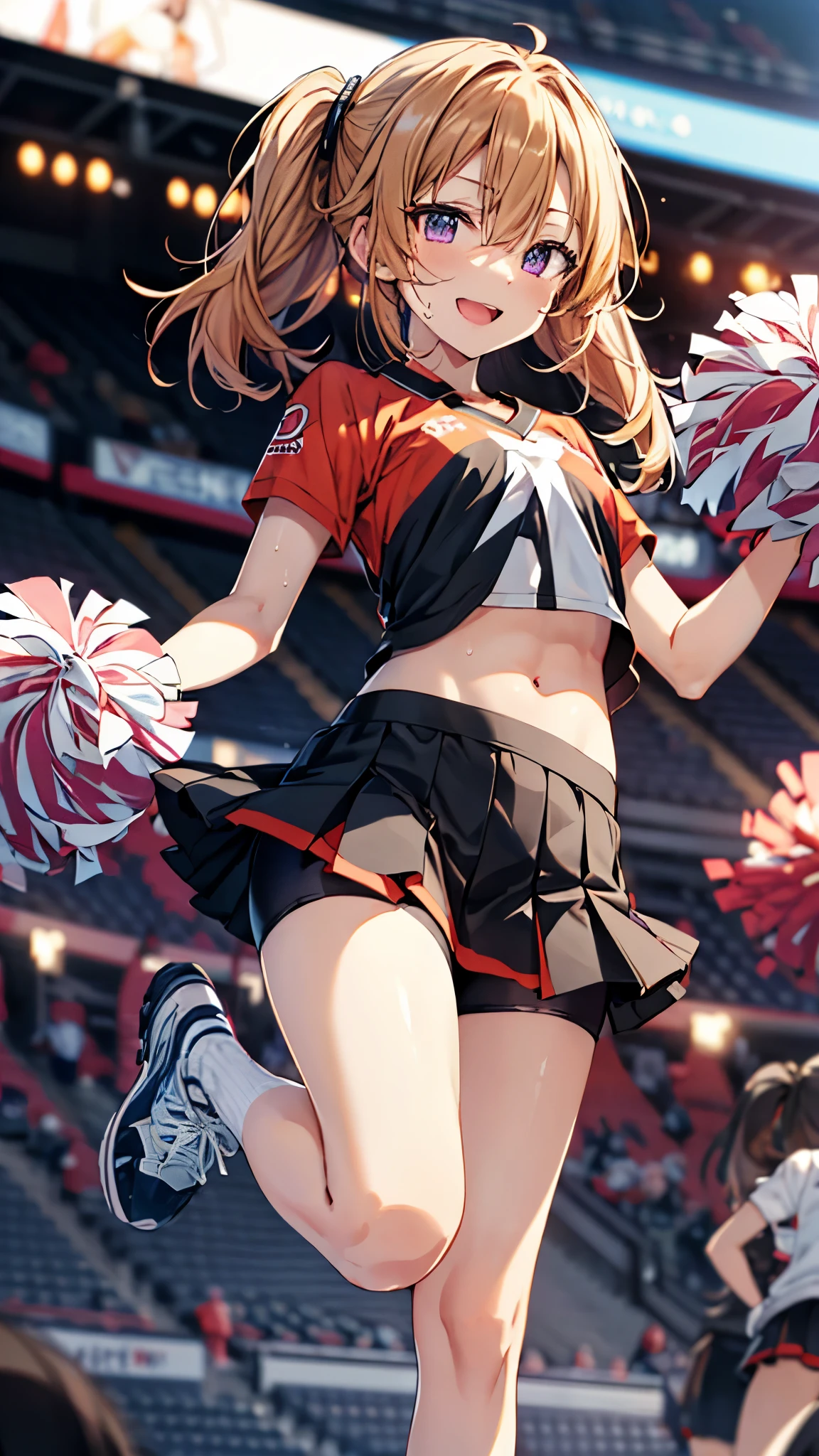 yuki_haru_theidolmastercinderellagirlsu149,orange_hair, purple_eyes, long_hair, bangs,blonde_hair, hair_between_eyes,smile,open mouth,(chibi:1.3),flat chest,slender,(Cheerleader),red t-shirt,mini skirt,bike shorts,sweat,navel,(standing on one leg,leg up:1.3),Stadium,masterpiece,Noise Reduction,perfect anatomy,high resolution, ultra-detailed, ultra-detailed face,game cg,dutch angle ,beautiful detailed eyes,visualart,five fingers, perfect hands, perfect lighting, sparkling pupils,