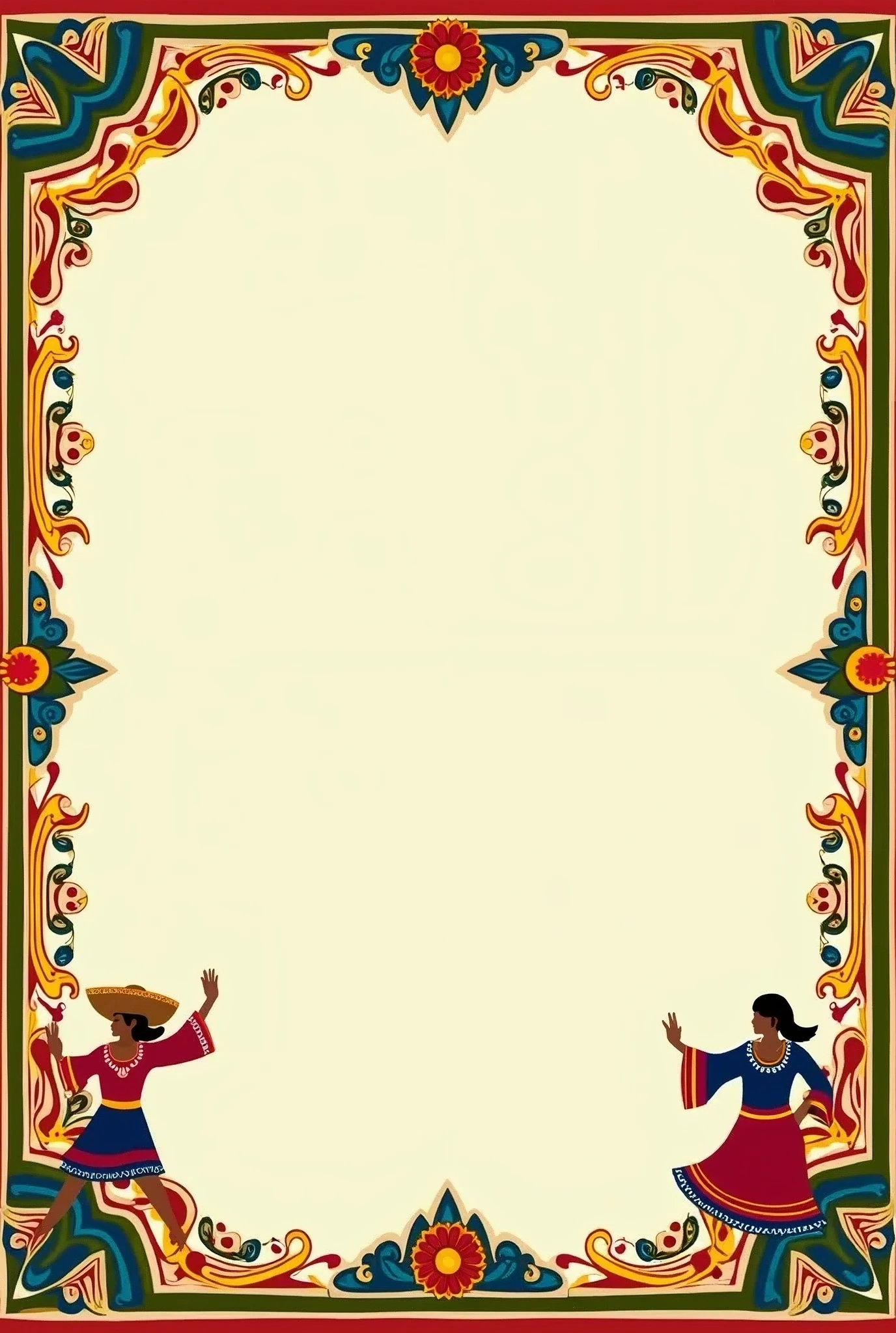 Create a invitation card for cultural fiesta. Leave space in centre for content. The borders shall be of red green yellow and blue colours only. No flowers. Create cultural borders and create something unique for the text to come. Also add images of people of different county dancing and some elements for singing