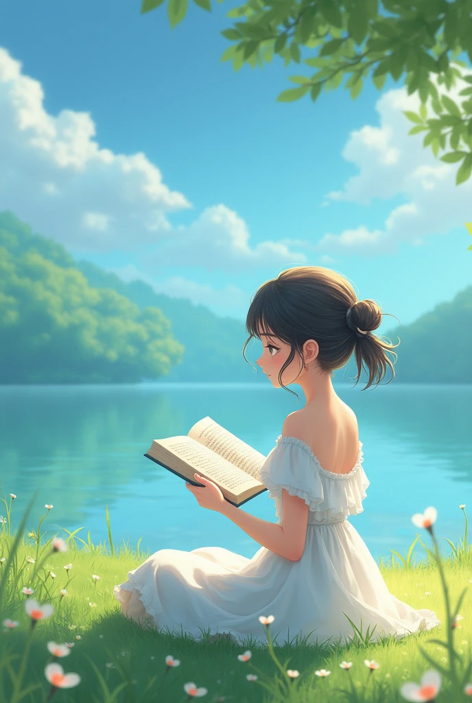 A girl wearing a white dress、Reading a book by the lake。