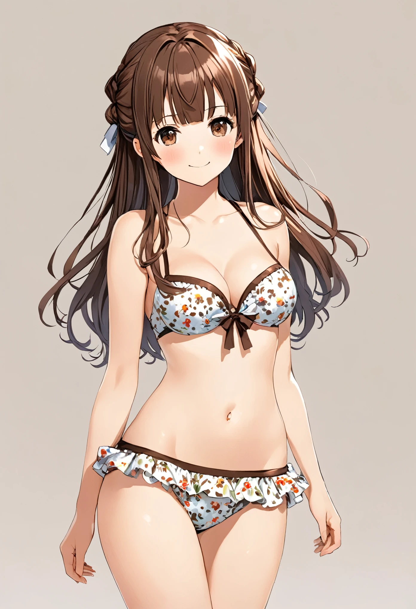 (cofee_kizoku, anmi, tadano yukiko), brown hair, frilled bikinis, shy smile, blush, middle breasts, simple background, best quality, ultra-detailed, long hair, alternative hair style, full body,