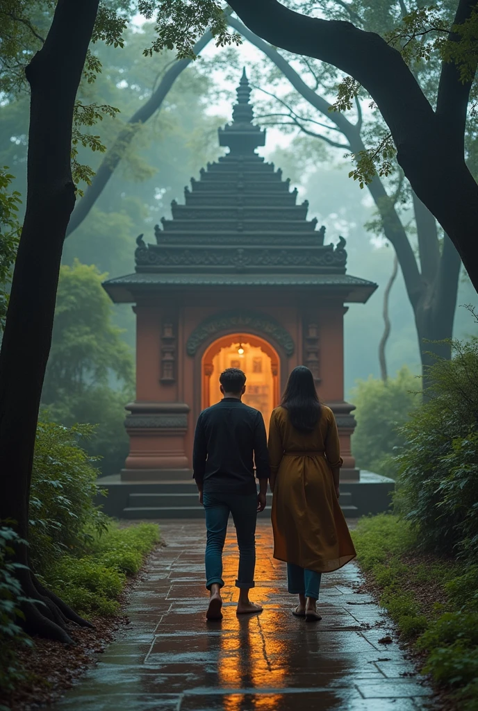 While walking, they come across a small temple Mumbai. She suggests they visit, and though he’s not particularly religious, he agrees. Inside, the peaceful atmosphere brings a moment of introspection. They both offer silent prayers, and when they step outside, they share a quiet understanding, feeling a deeper connection. Cloudy skies and drizzling.