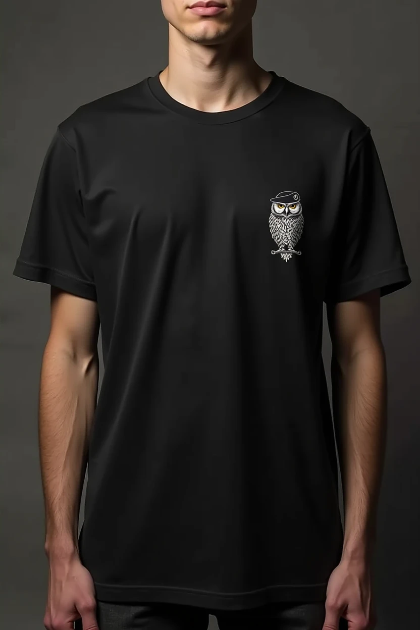 black jersey,  with the symbol on the small front on the left side of an owl wearing a military school beret 
